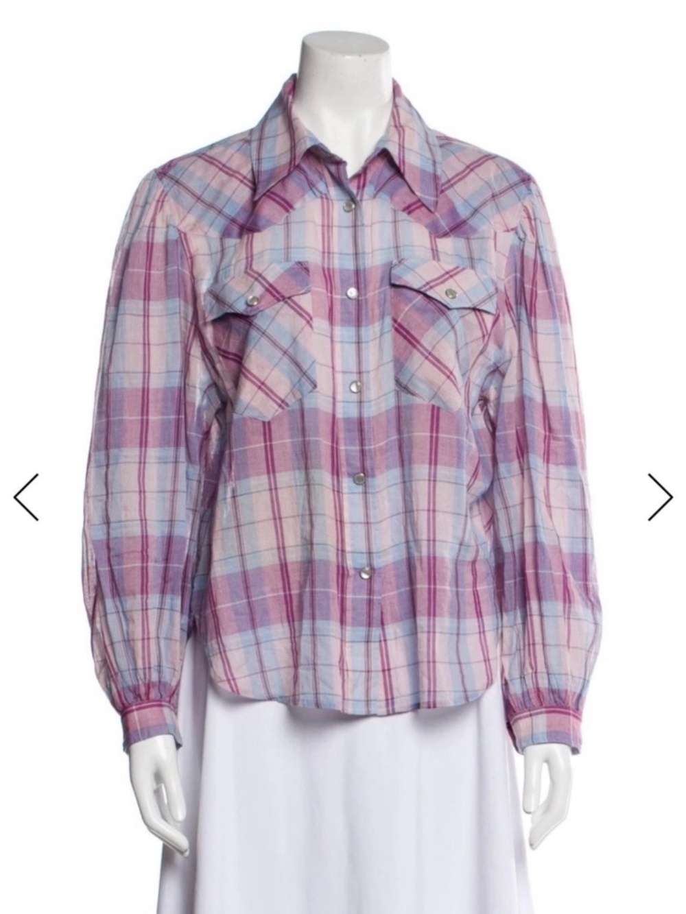 Isabel Marant Etoile Shirt Pink Purple Plaid Cotton Pearl Snap Puff Sleeve